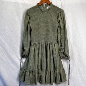 Hello Molly Old Tale Babydoll Mini Dress 6 Olive PuffSleeve Smocked Modest Fairy